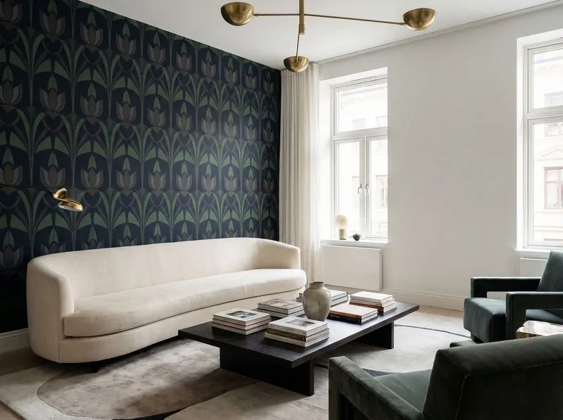 Living room with bold patterned accent wall